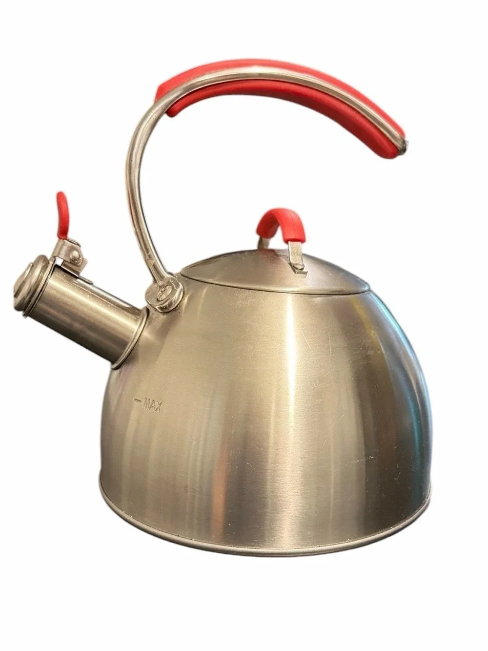 Masterclass Brushed Stainless Steel Whistling Tea Kettle Red Ergo Handles